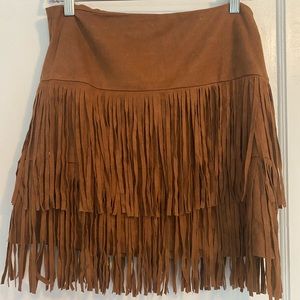 Soft Suede Fringe Tan Skirt, Size S/M